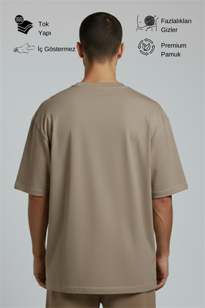 Erkek Pamuklu Oversize Bisiklet Yaka Vizon T-Shirt