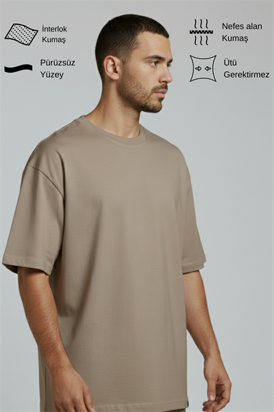 Erkek Pamuklu Oversize Bisiklet Yaka Vizon T-Shirt