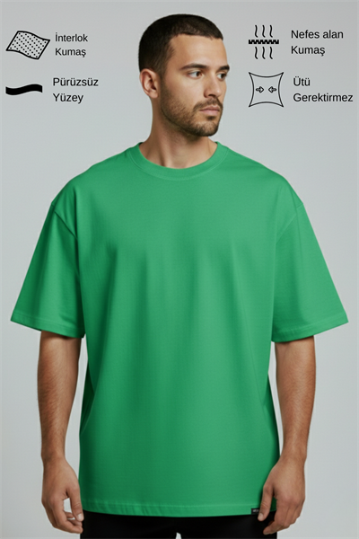 Erkek Pamuklu Oversize Bisiklet Yaka Yeşil T-Shirt