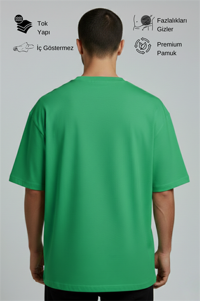 Erkek Pamuklu Oversize Bisiklet Yaka Yeşil T-Shirt