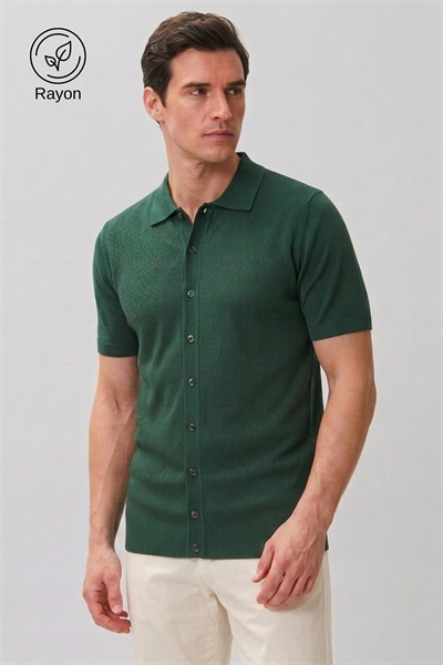 Haki İnce Örgü Kısa Kollu Rayon Yazlık Triko Gömlek