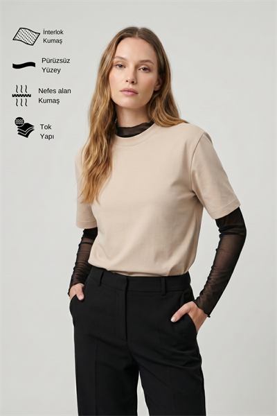 Kadın İnterlok Pamuklu Bisiklet Yaka Bej T-shirt