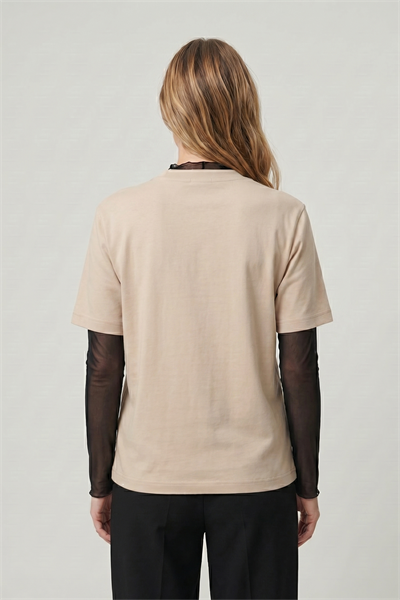 Kadın İnterlok Pamuklu Bisiklet Yaka Bej T-shirt