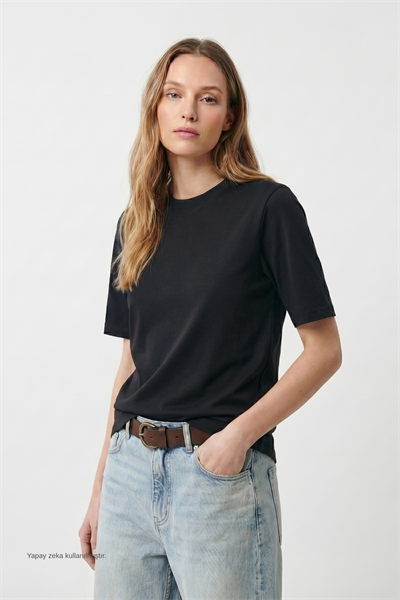 Kadın İnterlok Pamuklu Bisiklet Yaka Siyah T-shirt
