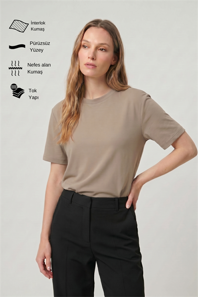 Kadın İnterlok Pamuklu Bisiklet Yaka Vizon T-shirt