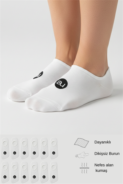 Penye Pamuk 12li Beyaz Görünmez Sneaker Çorap