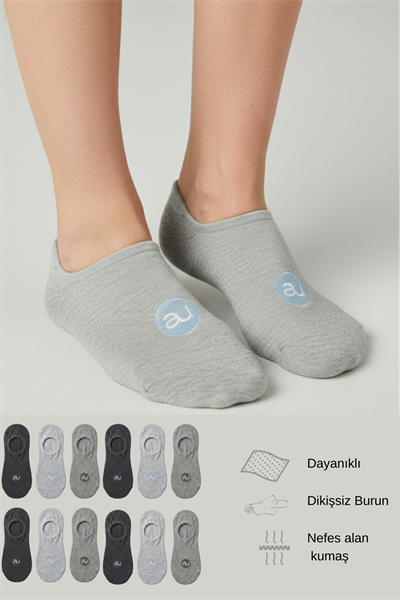 Penye Pamuk 12li Gri Görünmez Sneaker Çorap