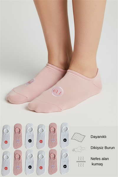 Penye Pamuk 12li Pembe Beyaz Görünmez Sneaker Çorap