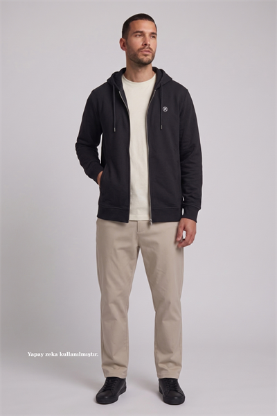 Siyah Fermuarlı Kapüşonlu Sweatshirt