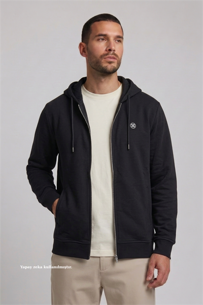 Siyah Fermuarlı Kapüşonlu Sweatshirt