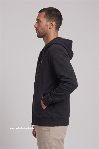Siyah Fermuarlı Kapüşonlu Sweatshirt