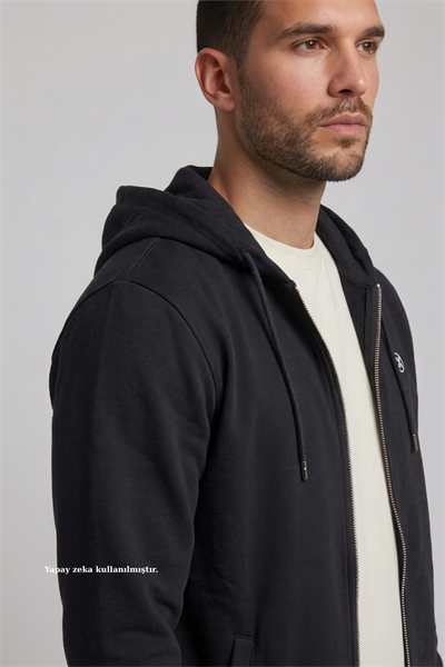 Siyah Fermuarlı Kapüşonlu Sweatshirt