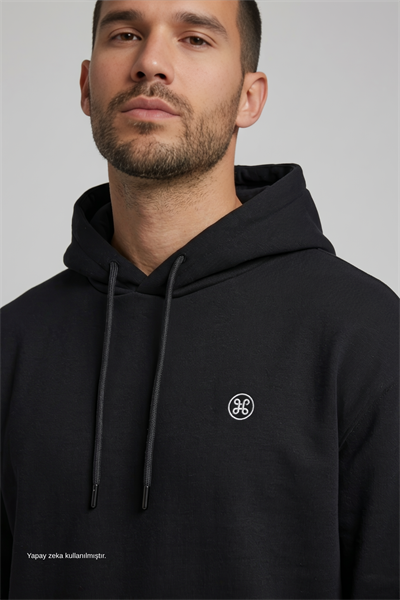 Siyah Şardonlu Pamuklu Hoodie