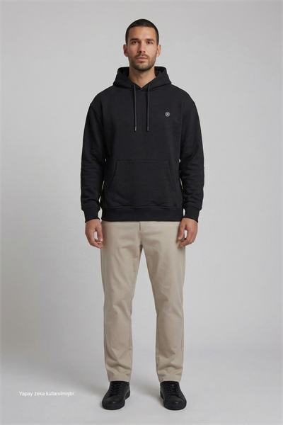 Siyah Şardonlu Pamuklu Hoodie
