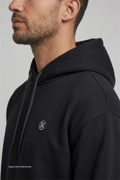 Siyah Şardonlu Pamuklu Hoodie