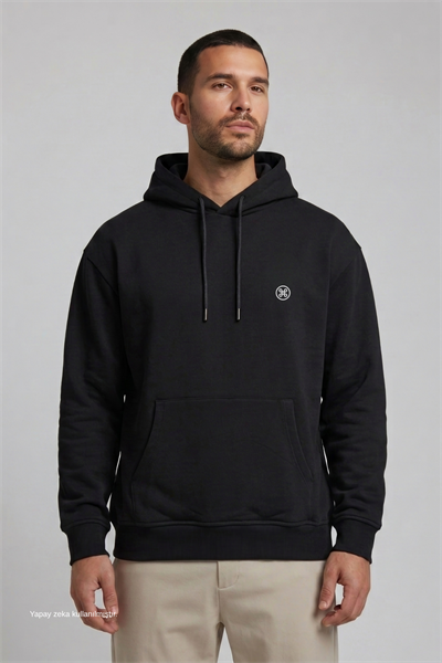 Siyah Şardonlu Pamuklu Hoodie