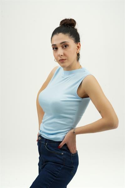 Sora Wear Viskon Balıkçı Yaka Sıfır Kol Kadın T-Shirt - Mavi