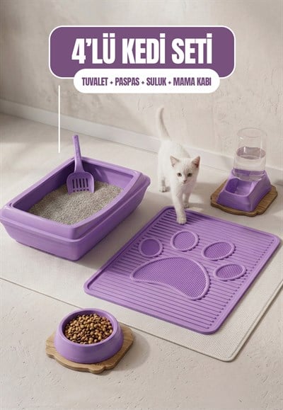 Açık 4lü Kedi Seti (Tuvalet + Suluk + Mama Kabı + Paspas)