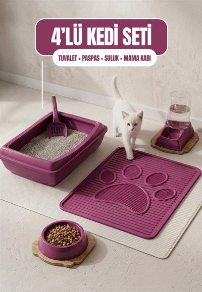 Açık 4lü Kedi Seti (Tuvalet + Suluk + Mama Kabı + Paspas)