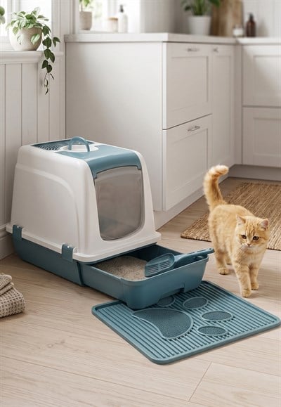Orta Boy Çekmeceli Kapalı Kedi Tuvaleti + Paspas Seti (Kürek Hediyeli)