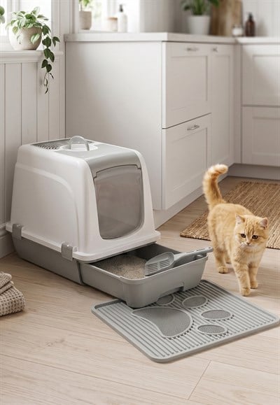 Orta Boy Çekmeceli Kapalı Kedi Tuvaleti + Paspas Seti (Kürek Hediyeli)