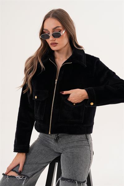 ÇİFT CEPLİ FERMUARLI KISA KÜRK CEKET