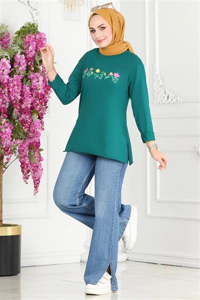 Çiçek Baskılı Zümrüt Yeşil Penye Model Kodu 8416