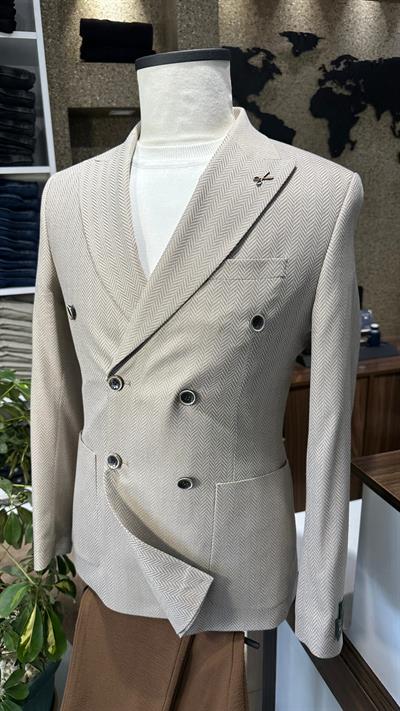 Bej Kruvaze Slim Fit Erkek Ceket (Astarsız)