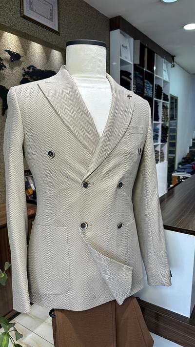 Bej Kruvaze Slim Fit Erkek Ceket (Astarsız)