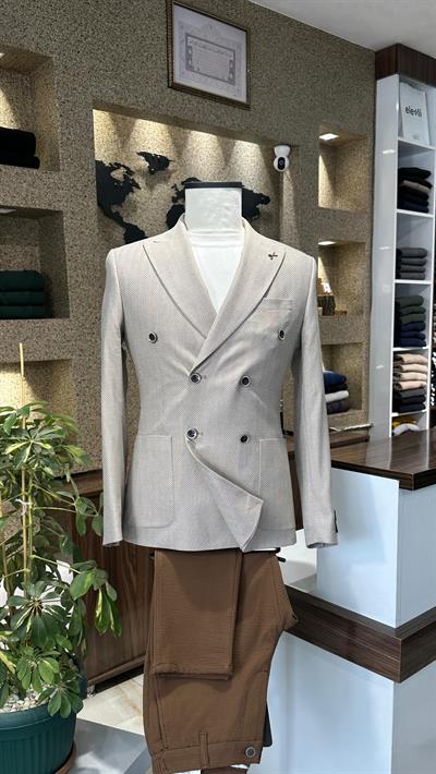 Bej Kruvaze Slim Fit Erkek Ceket (Astarsız)