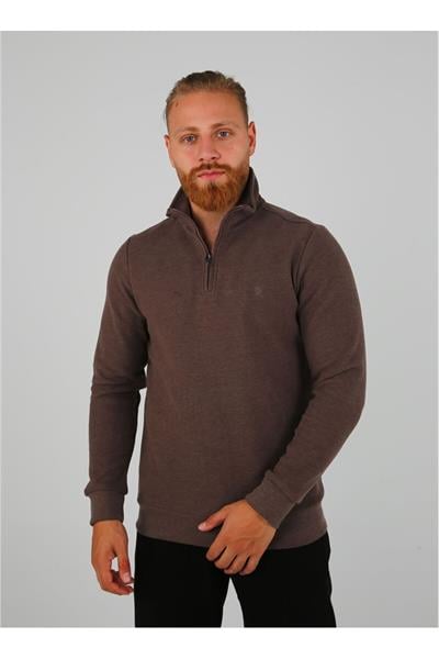 DİK YAKA FERMUARLI SELANİK KUMAŞ SWEATSHİRT