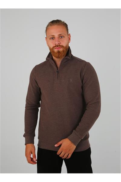 DİK YAKA FERMUARLI SELANİK KUMAŞ SWEATSHİRT