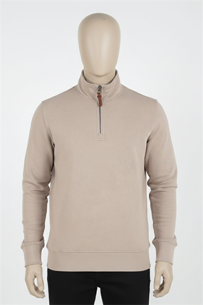 Erkek Dik Yaka Fermuarlı Slim Fit Sweatshirt BEJ