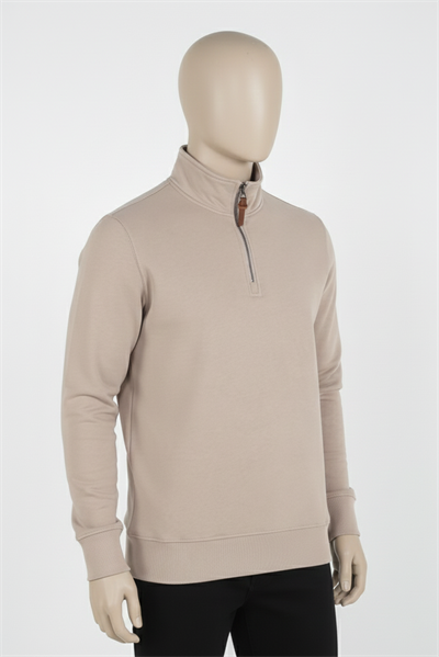 Erkek Dik Yaka Fermuarlı Slim Fit Sweatshirt BEJ