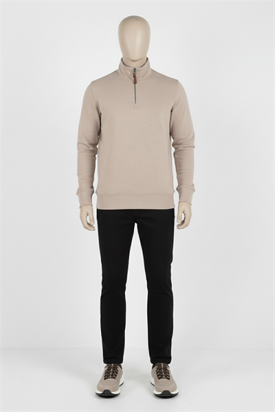 Erkek Dik Yaka Fermuarlı Slim Fit Sweatshirt BEJ