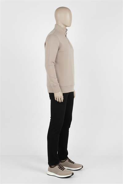 Erkek Dik Yaka Fermuarlı Slim Fit Sweatshirt BEJ