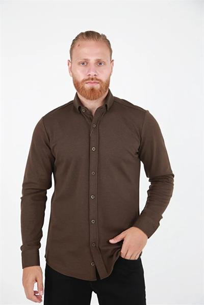 Erkek KAHVERENGİ Standart Fit Uzun Kollu Dokulu Gömlek 