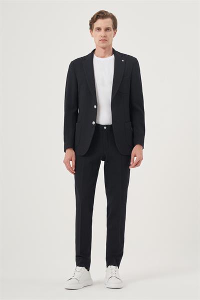 Erkek Lacivert Poliviskon Trend Çizgili Slim Fit Mono Yaka Takım Elbise