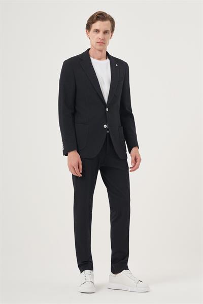 Erkek Lacivert Poliviskon Trend Çizgili Slim Fit Mono Yaka Takım Elbise