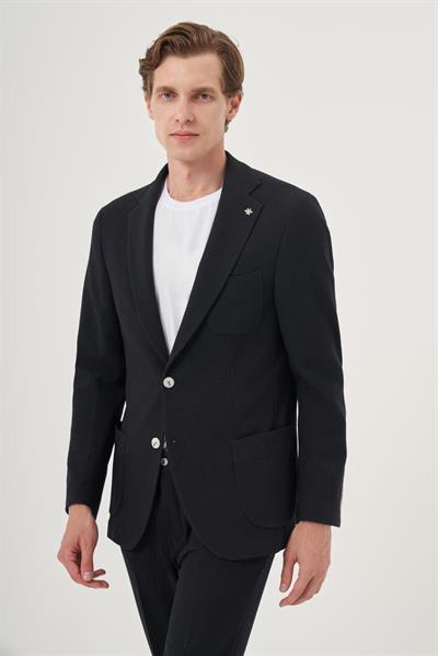 Erkek Lacivert Poliviskon Trend Çizgili Slim Fit Mono Yaka Takım Elbise