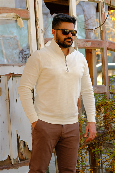 Erkek Yarım Fermuarlı Sweatshirt Ekru
