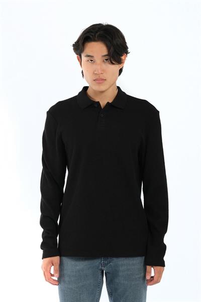 JS Polo Yaka Düğmeli Waffle Sweat Siyah