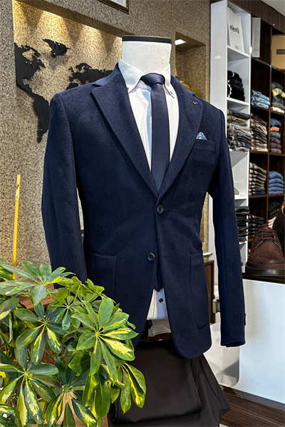 Slim Fit Çift Düğme Torba Cep Kadife Lacivert Erkek Ceket