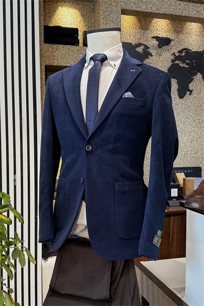 Slim Fit Çift Düğme Torba Cep Kadife Lacivert Erkek Ceket