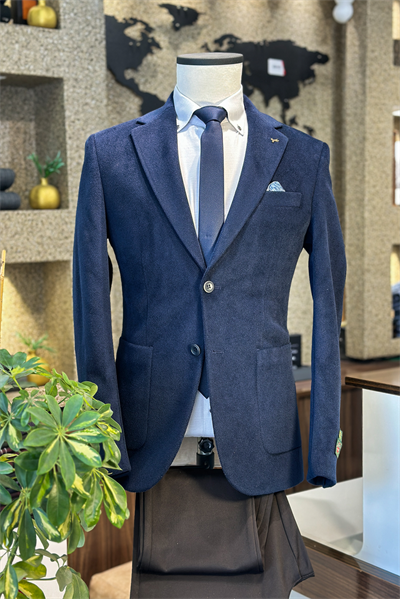 Slim Fit Çift Düğme Torba Cep Kadife Lacivert Erkek Ceket