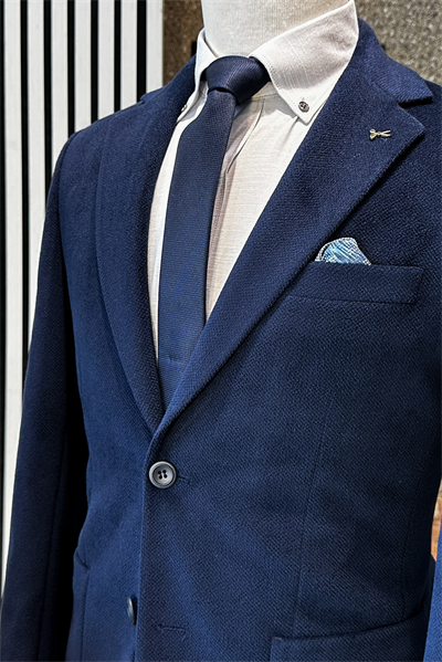 Slim Fit Çift Düğme Torba Cep Kadife Lacivert Erkek Ceket