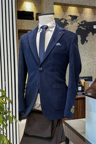 Slim Fit Çift Düğme Torba Cep Kadife Lacivert Erkek Ceket