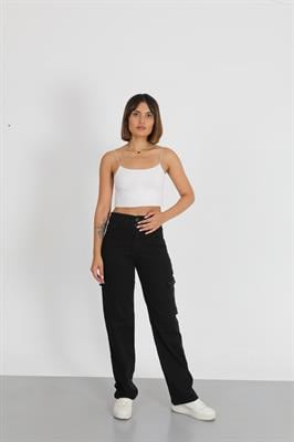 Kargo Cep Siyah Palazzo Yüksek Bel Jeans 