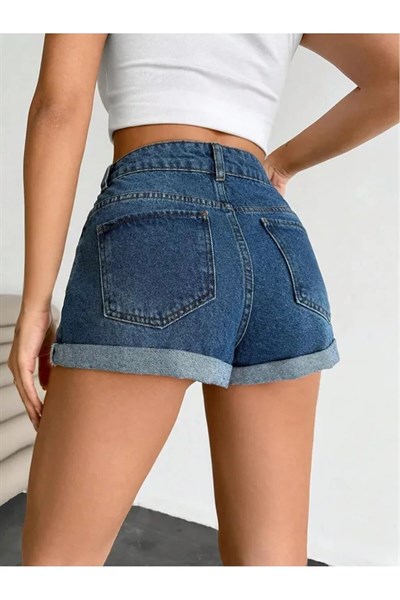Lacivert Lazer Kesim Mini Kot Şort