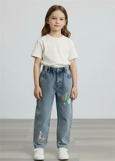 Özgün Tasarım Kaplumbağa  Baskılı Çocuk Denim Pantolon